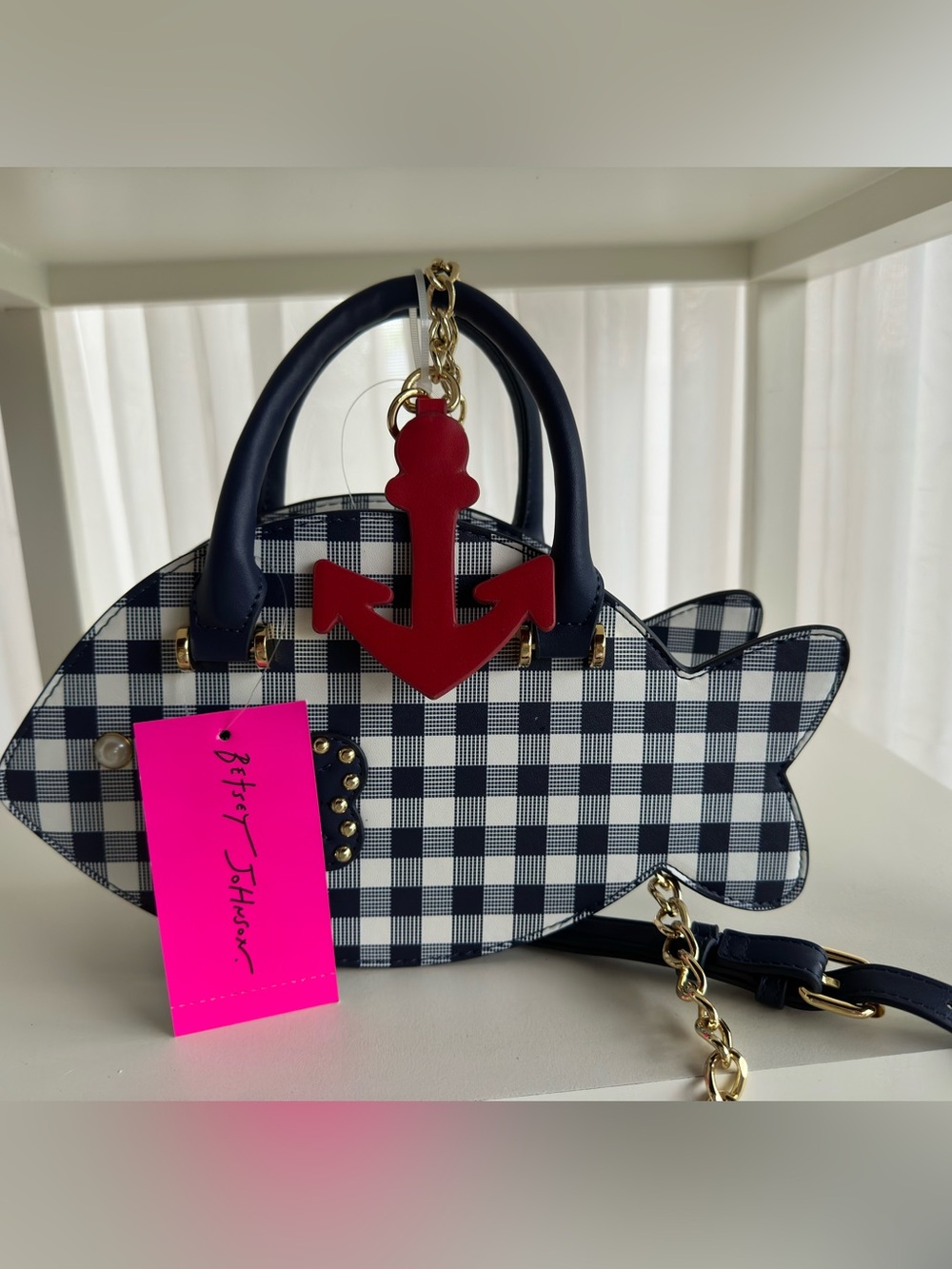 🎣What a Catch! NWT Betsy Johnson Blue Gingham Fish Clutch/Crossbody w/Red Anchor
